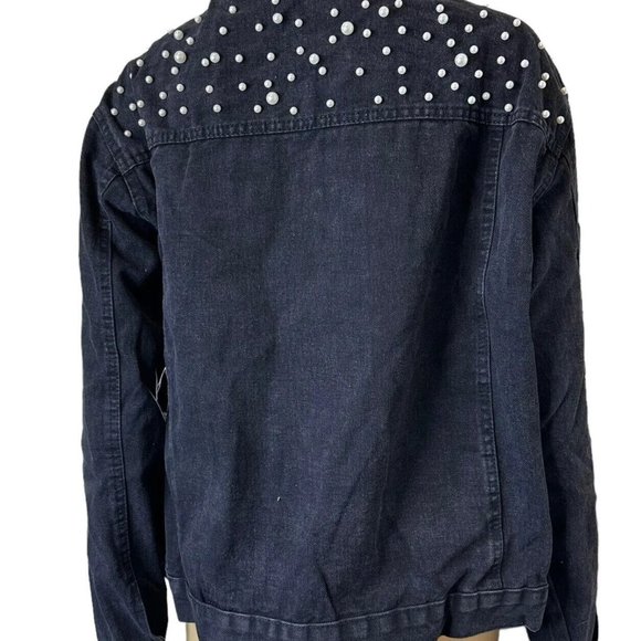 Womens Wash Denim Jackets Large Black White Mid Length Decorated With Pearls - Picture 7 of 16